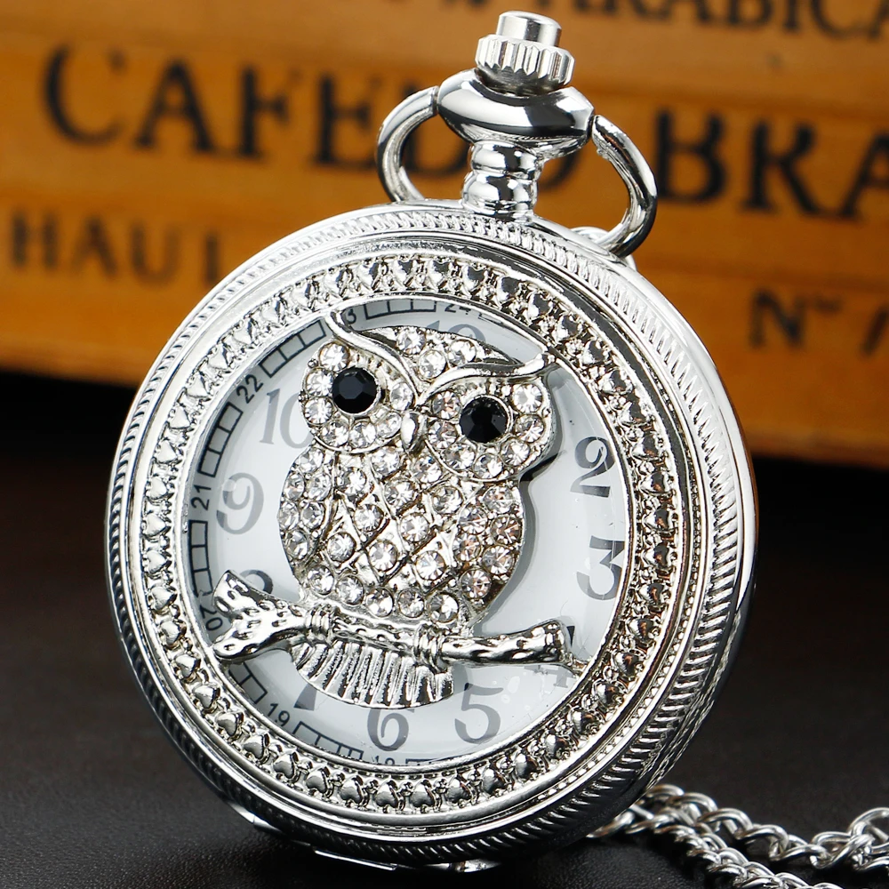 Argento tempestato di diamanti gufo intagliato collana al quarzo orologio da tasca Steampunk ciondolo uomo donna bambini Fob orologio regalo