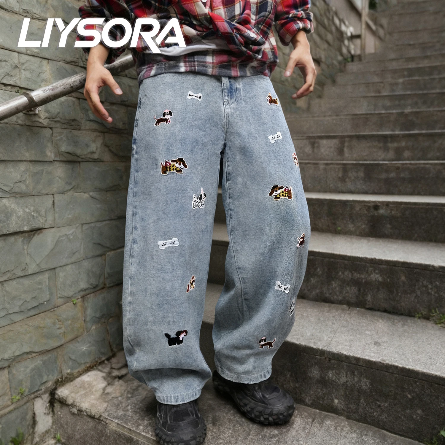 Ropa Y2K para hombre, pantalones vaqueros de pierna ancha informales holgados azules de Corea, pantalones vaqueros de pierna recta con perro de dibujos animados bordados Unisex para uso diario en la calle