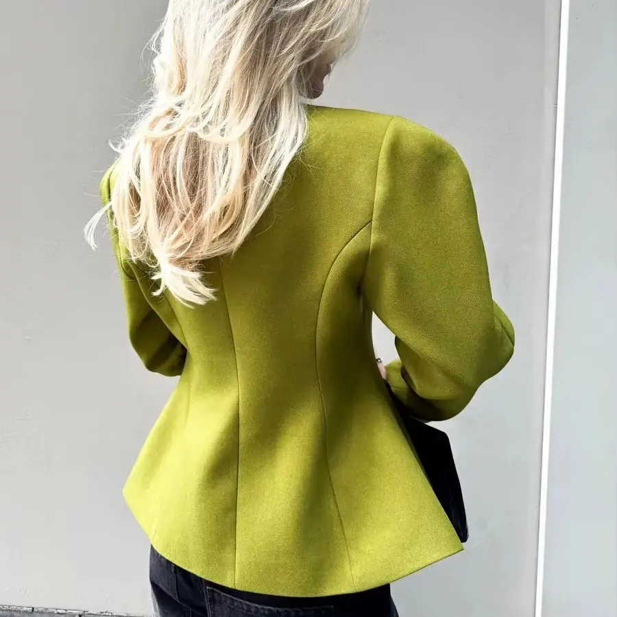 Women's V Neck Fitted Blazer with Padded Shoulders and Long Sleeves