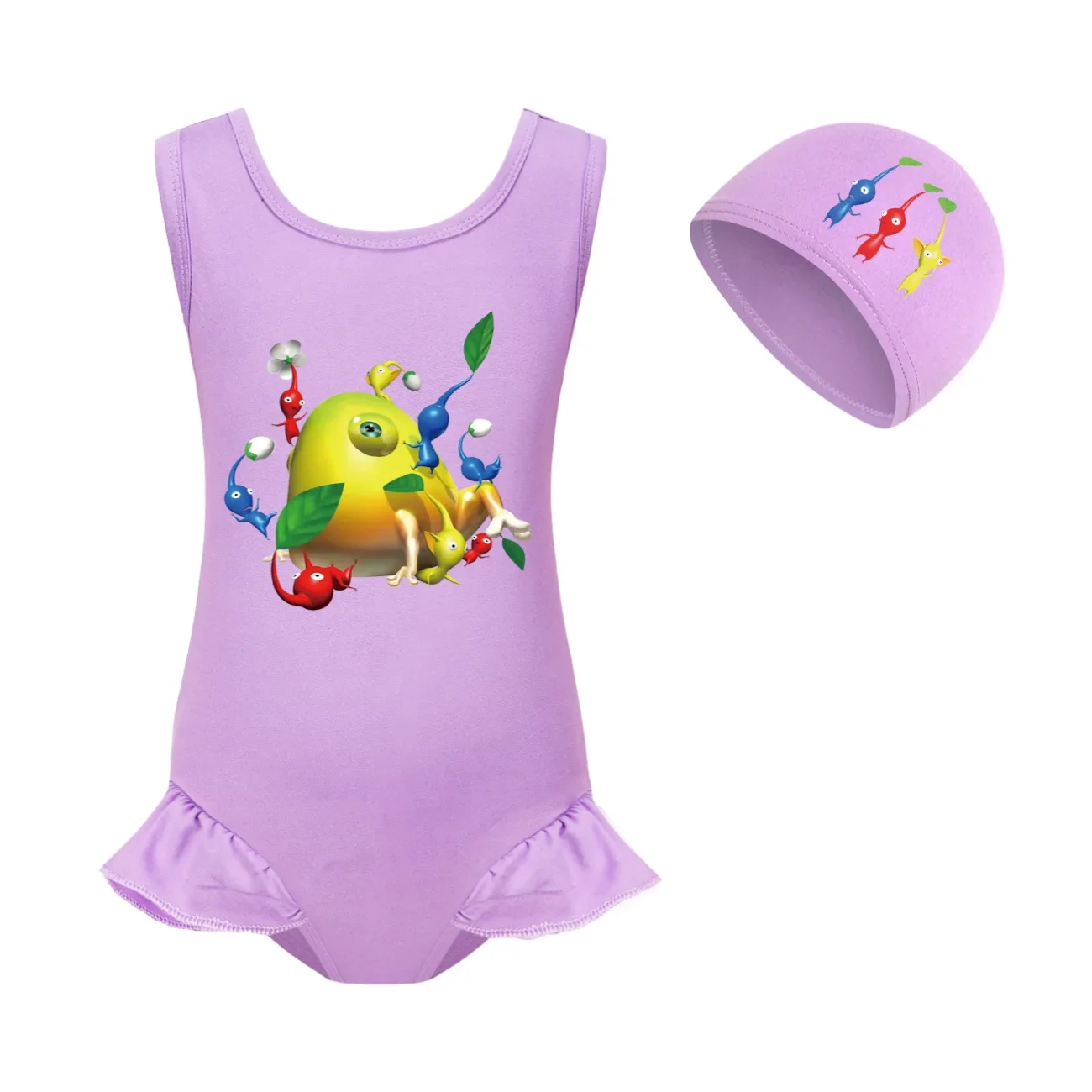 Girls Swimsuit New One Piece Swimwear Pikmin  wiki Children's Swimwear Toddler One Piece Swimsuit with cap 2-14 Years 3270