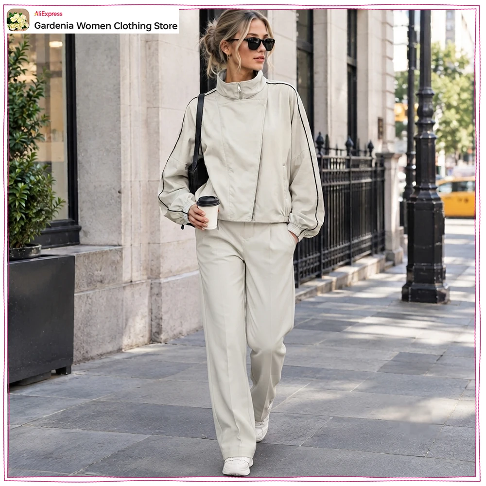 Women's Spring & Autumn Co-ord Sets Casual Pant Sets Piped Stand-up Collar Bomber Jacket Matching Mid-rise Straight Leg Trousers