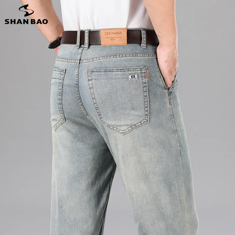 

SHAN BAO summer brand cloth business casual men's straight loose thin jeans classic Patches retro lightweight stretch trousers