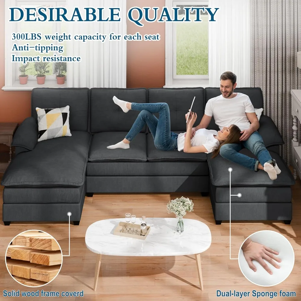 U-shaped living room sofa, 4-seater sectional sofa with double chaise longue, modern fabric sectional sofa bed