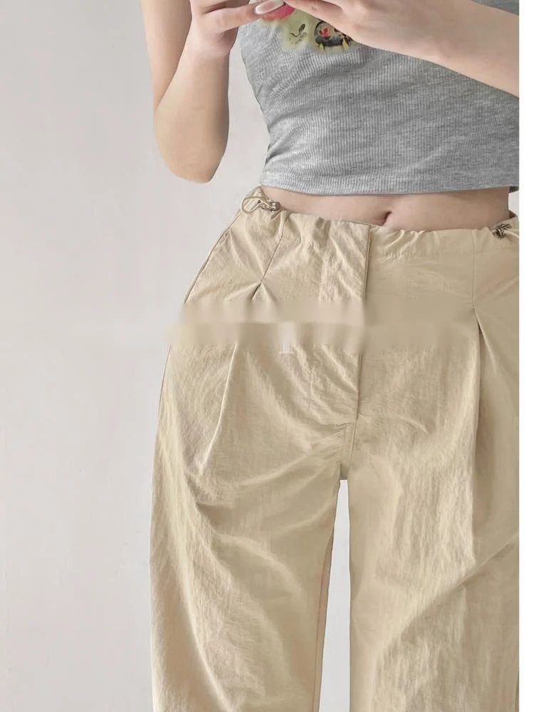 

Summer TVVOVVIN 2023 New Girl Drawstring Pleated Workwear Pants Women's High Waist Slim Loose Straight Tube Wide Leg 9N9T