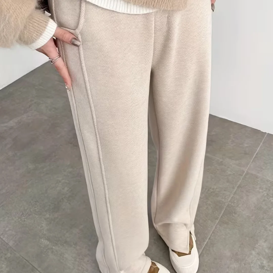 กางเกงขากว้างผู้หญิงแบบหนา กางเกงขายาวเอวสูงบุขน กางเกงขาตรงสำหรับฤดูใบไม้ร่วงและฤดูหนาว แฟชั่นลำลอง
