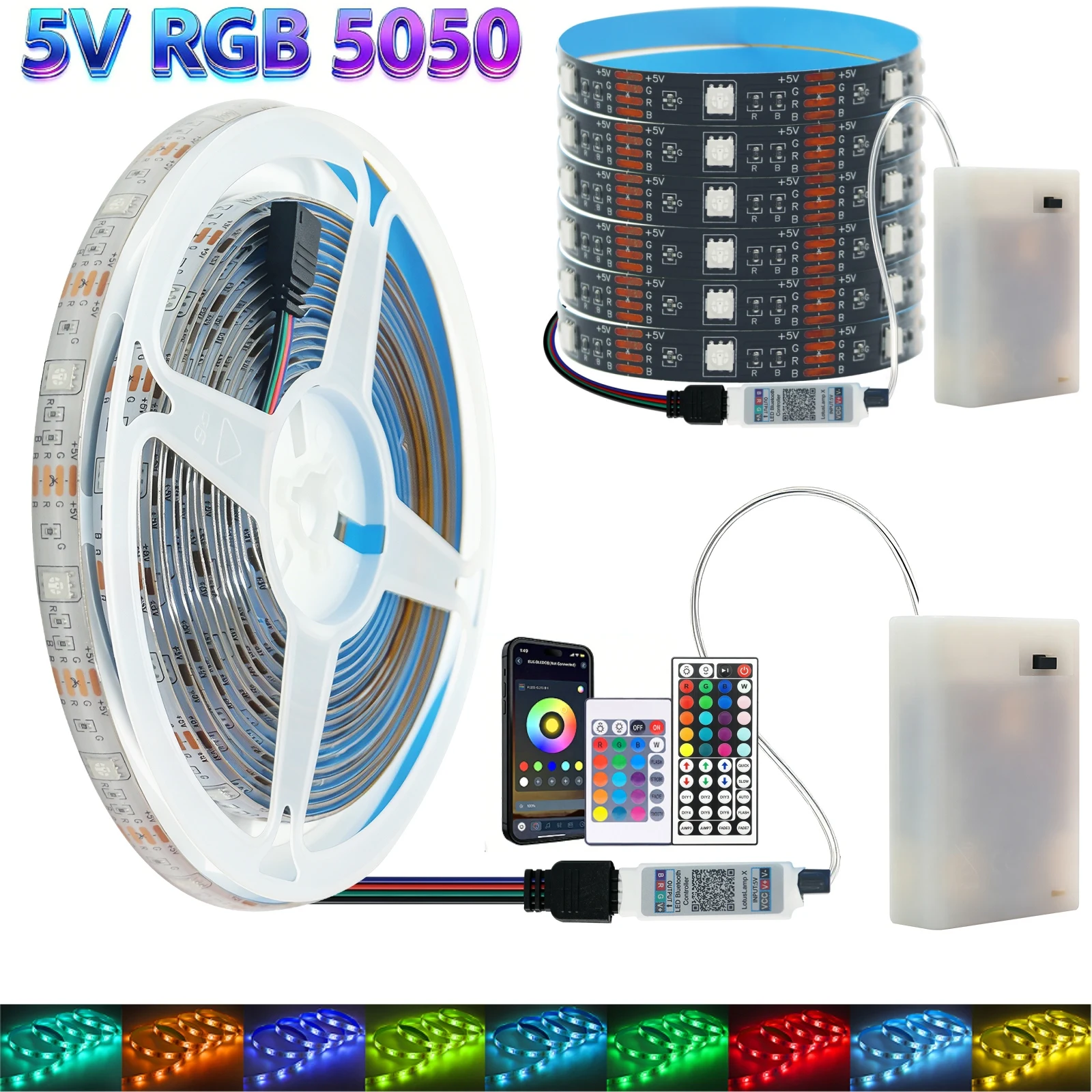 5V 5050 RGB LED Strip Light Flexible Lamp Adhesive Tape Ribbon DIY TV BackLight With 3AA Bluetooth Battery Box Remote Control