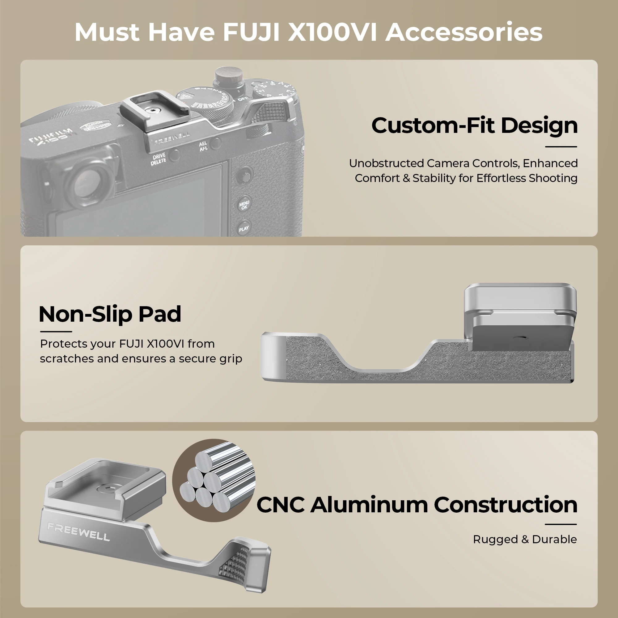 Freewell Daumengriff-Kompatibilität mit Fuji X100VI-Kamera, präzise CNC-Aluminiumkonstruktion für besseren Komfort und Steuerung. – Detail 3