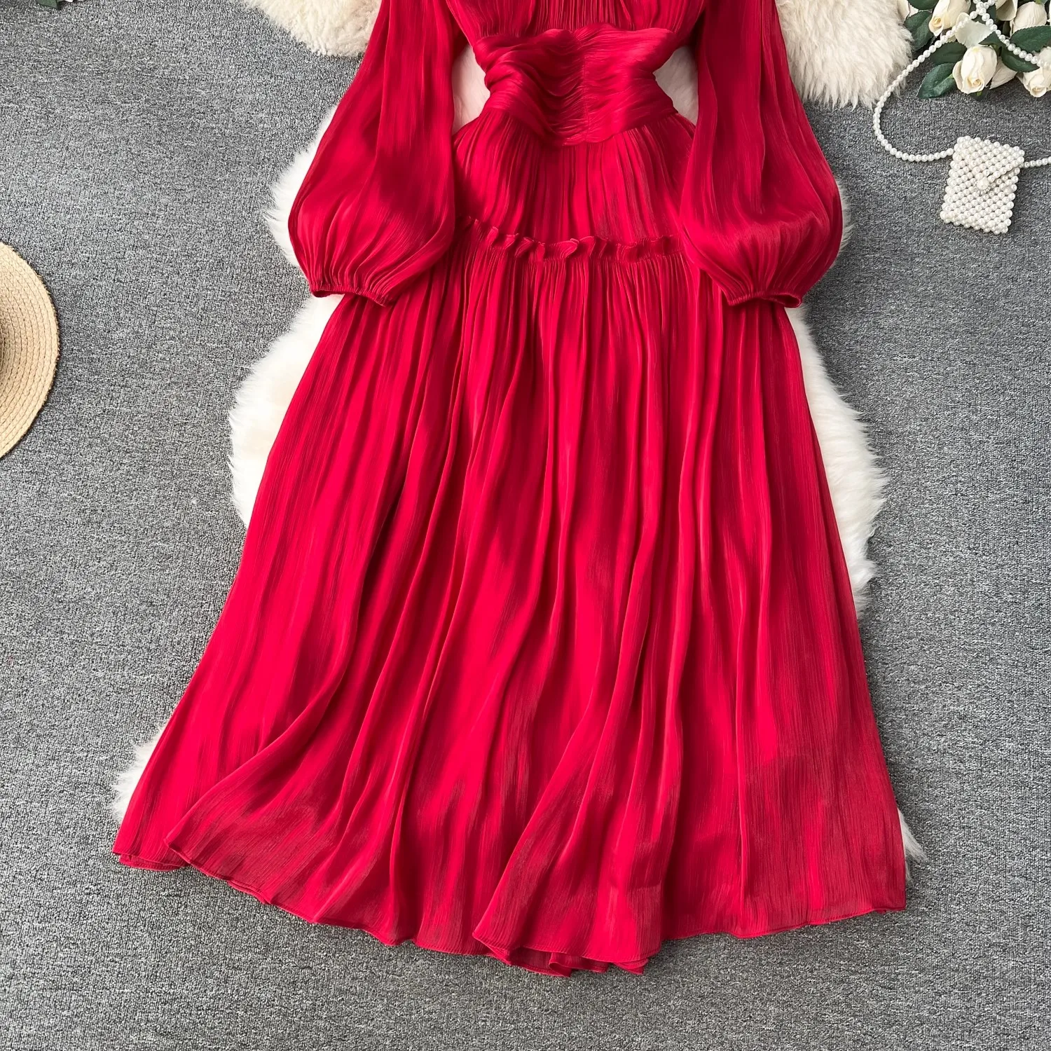 High Quality New Luxury Women Spring Summer Folds Wedding Formal Stand Collar Puff Sleeve Shine Casual Holiday Party Dresses