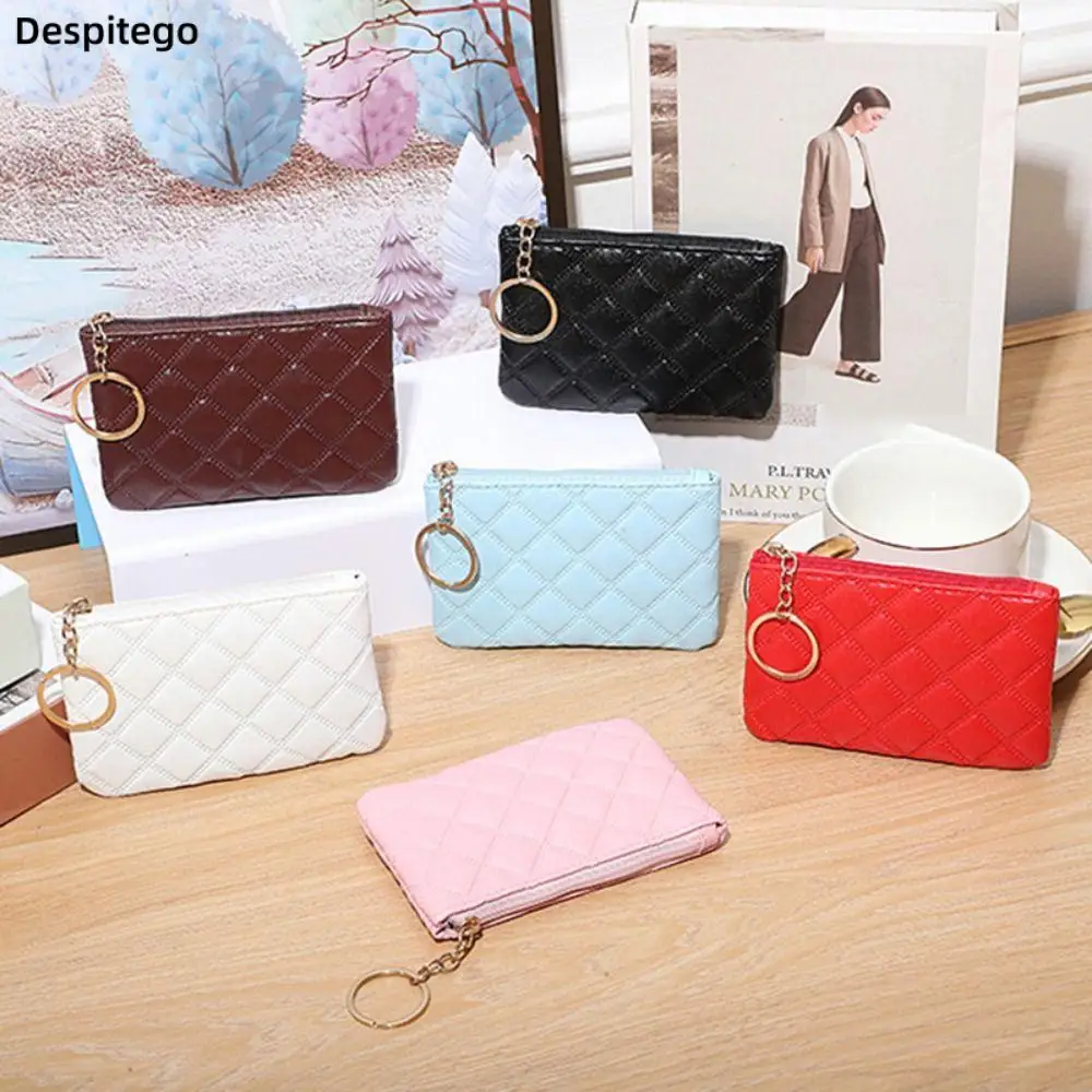 

Fashion Square Rhombic Lattice Coin Purse Solid Color PU Leather Hand Bag Key Bag Wallet Zipper Purse Credit Card Holder Women