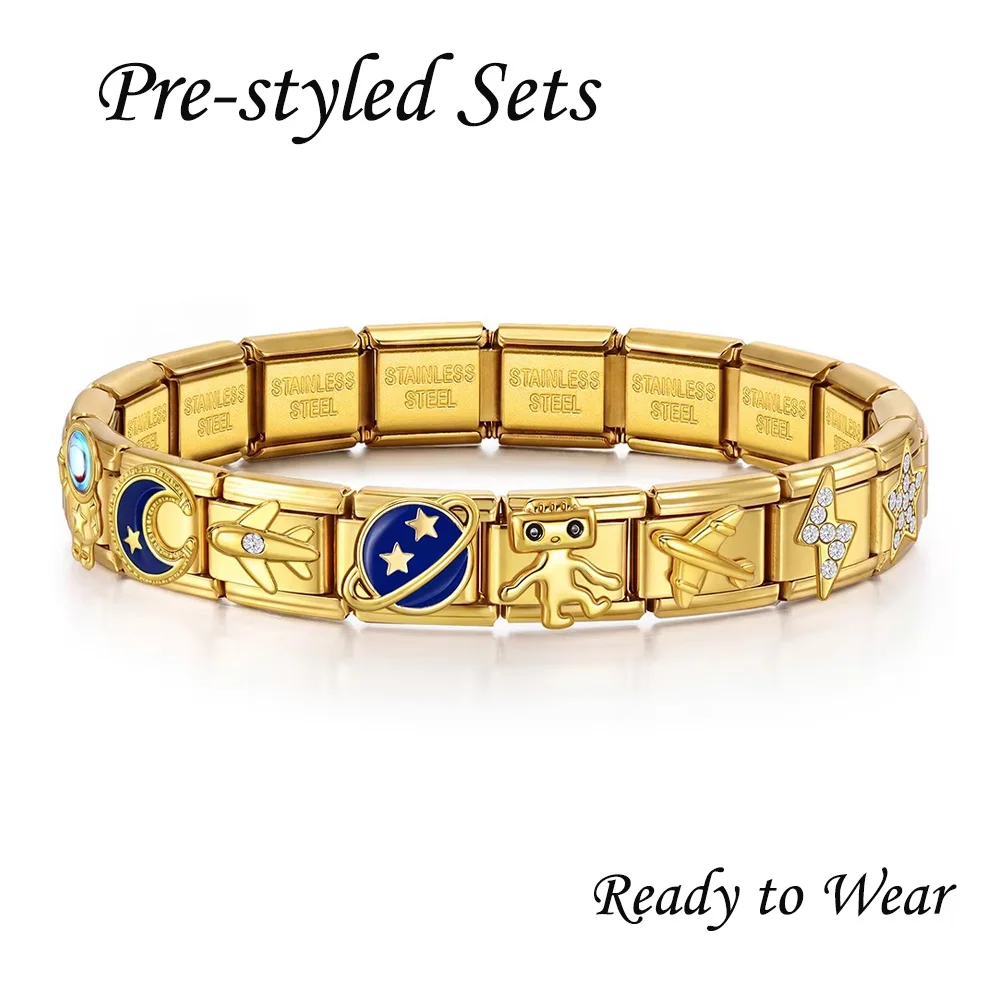 Space Astronaut Robot Modular Link Bracelet Gold‑Tone Stainless Steel Moon Planet Airplane Charm Bracelet Universe Theme Jewelry