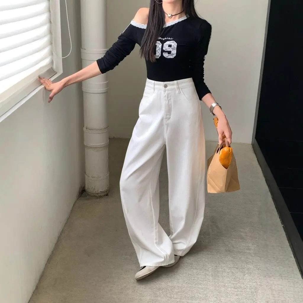 

White Jeans Women's Scimitar Pants High-Quality Korean Style Wide-Leg Slimming Pear-Shaped Denim for Autumn