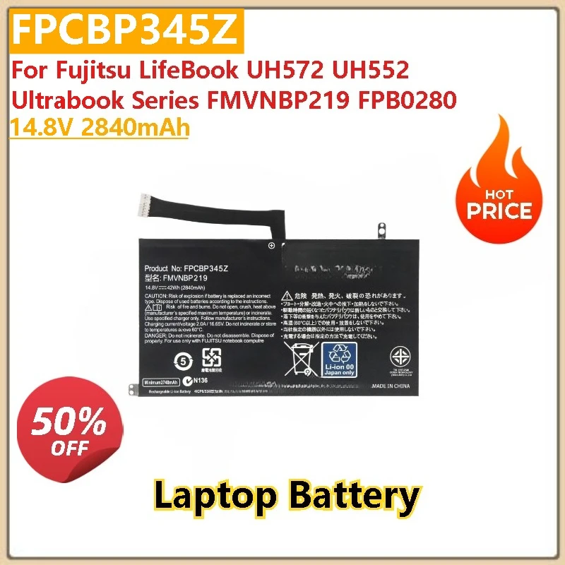 

New 14.8V 2840mAh High Quality Laptop Battery FPCBP345Z For Fujitsu LifeBook UH552 UH572 Ultrabook Series FMVNBP219 FPB0280