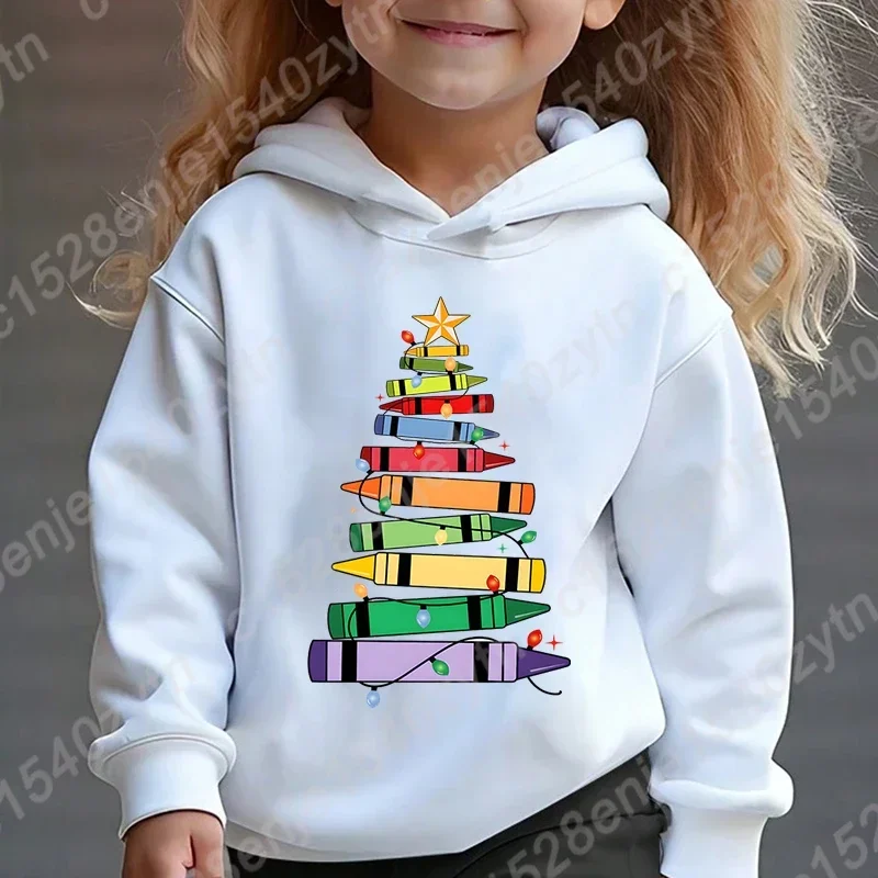 Girls' Christmas Hoodies, Christmas Light Crayon Tree Print Hoodies, Long Sleeves Sweatshirts, Casual Merry Xmas Pullovers