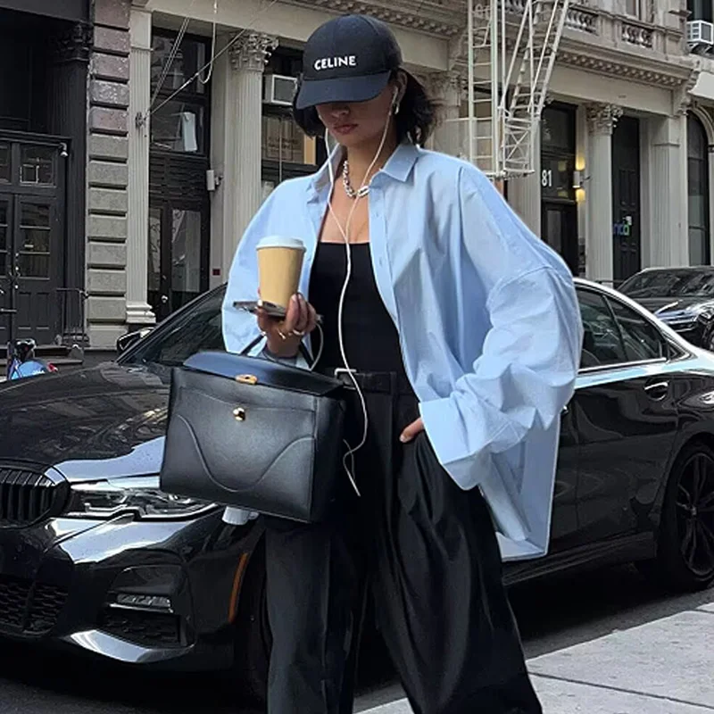 HXAO Camicie e camicette da donna Primavera Estate 2025 Camicia oversize blu con bottoni Camicette a maniche lunghe Camicie casual chic