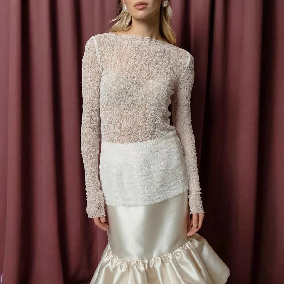 

Жаккардовая кружевная осенняя женская футболка с круглым вырезом в стиле пэчворк, пуловер с длинными рукавами, женские футболки, минималистичные универсальные топы для женщин