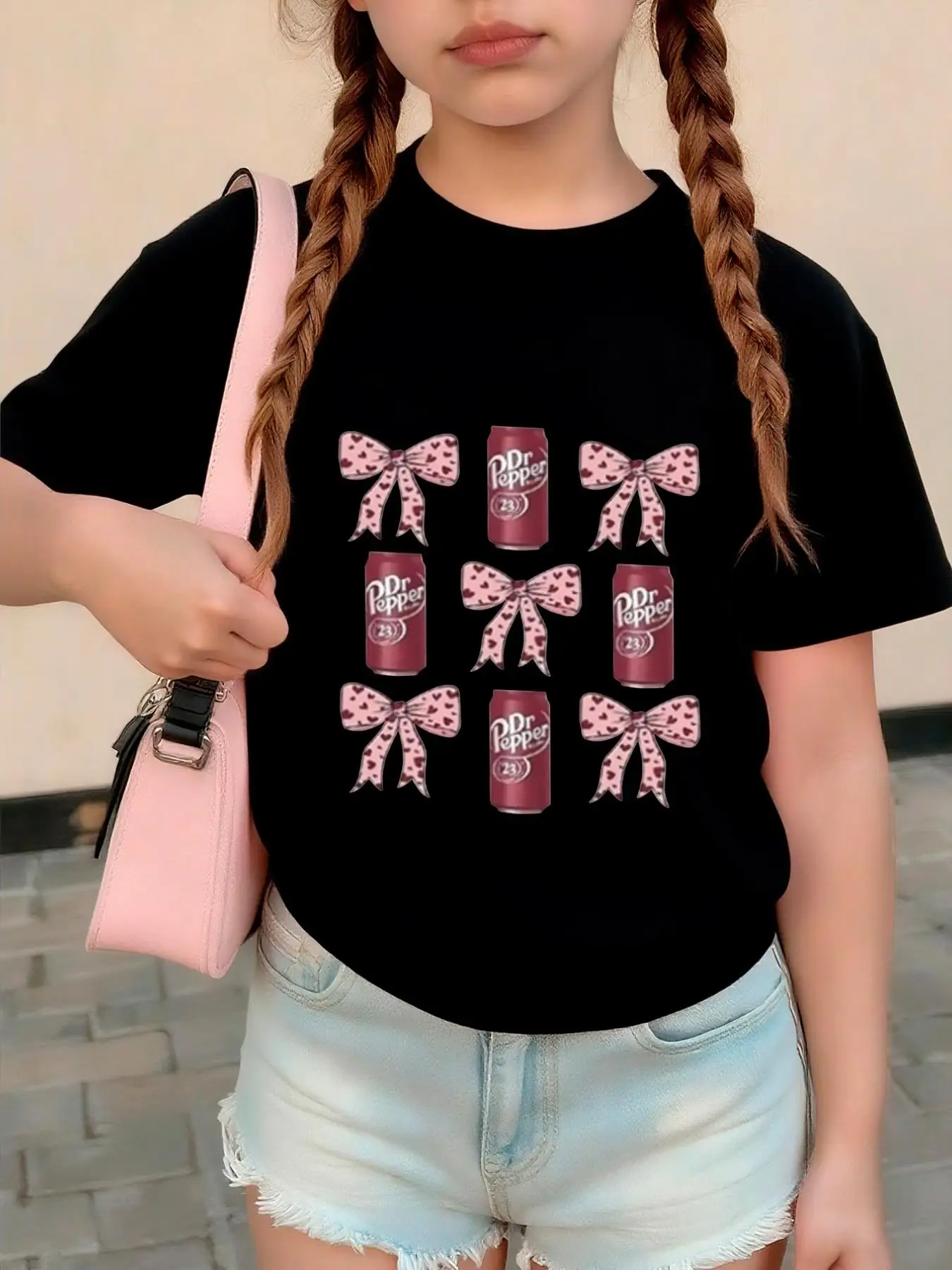 

Girls Aged 4-12 Outdoor Casual Round Neck Short-Sleeve Soda Can + Leopard Print Bow Comfortable Versatile Regular Fit Top 2026 New Style T-Shirt Clothing