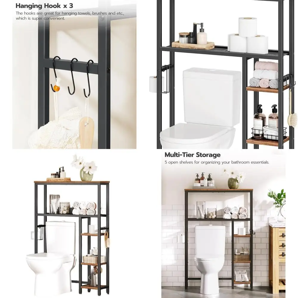 

5-уровневый отдельно стоящий органайзер для хранения туалета с держателем для бумаги и крючками, коричневый и черный в деревенском стиле BF84TS01