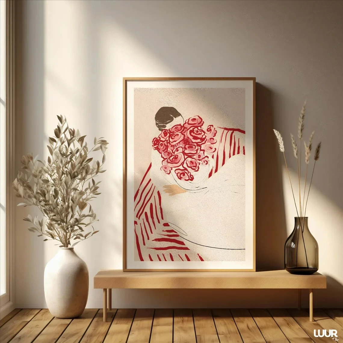 Girly Wall Art Woman with Flowers Print Minimalist Red and Pink Illustration Feminine Modern Poster Chic Wall Decor for Bedroom