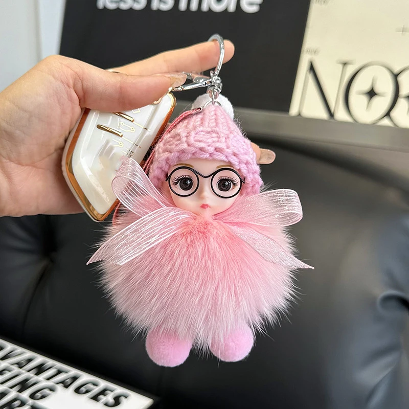 Lindo Mini llavero con pompón, colgante creativo de muñeco de piel de zorro a la moda para mujer, bolso, llavero de coche, regalo para niña, llavero de felpa bonito