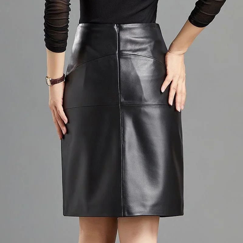 Women PU Leather Midi Skirt Rear Zipper Chic Office Black High Matte Waisted A-line Pencil Skirts Soft Elegant 2023 Winter