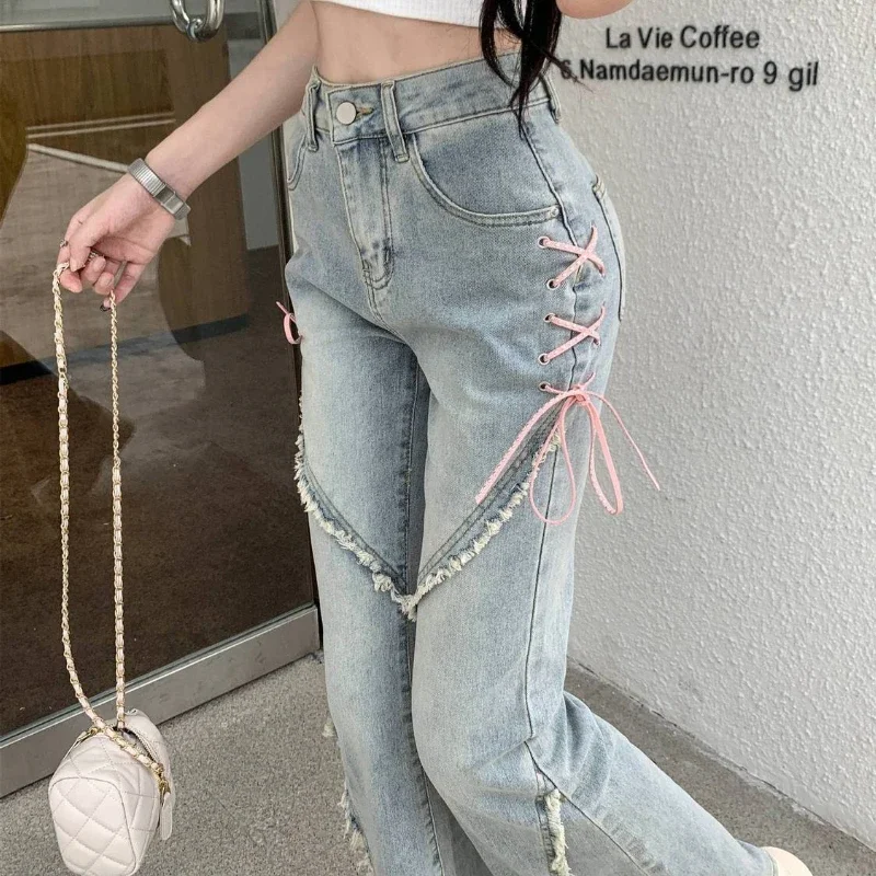 American Split Jeans Women Pink Bandage High Waist Irregular Spliced Denim Pants Zipper Fly Trousers Y2k Pantalon Femme