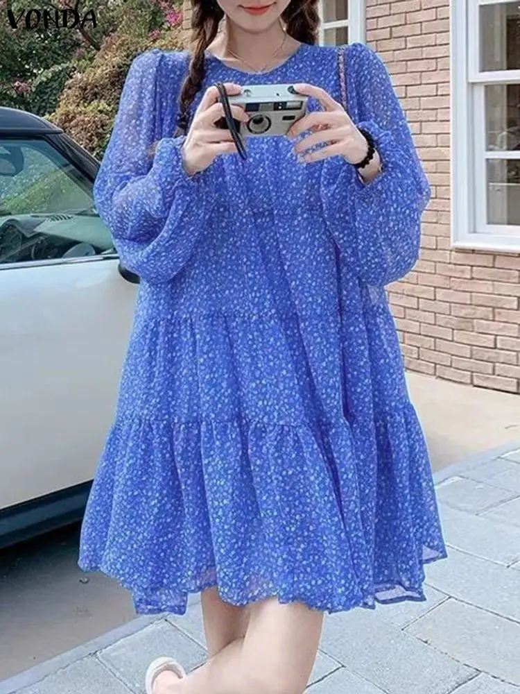 VONDA-Vestidos bohemios de manga larga con estampado Floral para mujer, vestido veraniego de fiesta con cuello redondo, Mini Vestidos sexis de fiesta cortos 2026