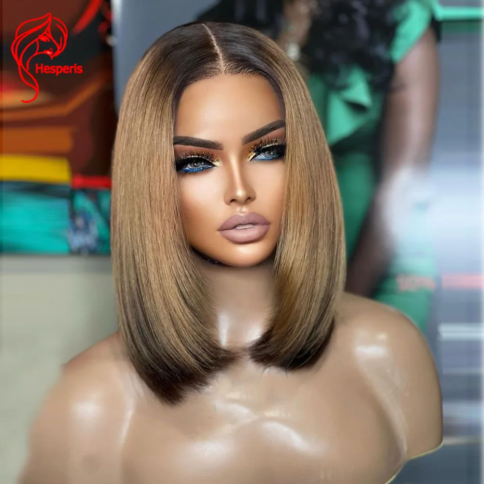 Hesperis Short Bob Human Hair Wig Blonde Highlight Deep Part Lace Front Wigs Brazilian Remy Colored Pu Silk Base Cloure Wig