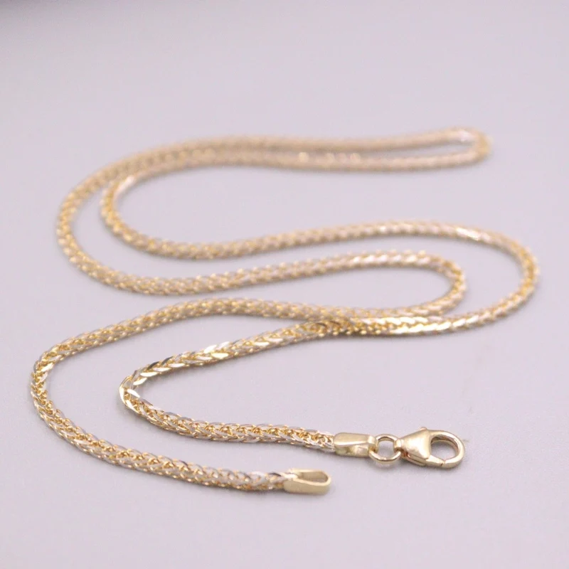 AU750 Pure 18K Yellow White Gold Chain 1.6mm Wheat Lobster Clasp Necklace 6.1g /17.7inch