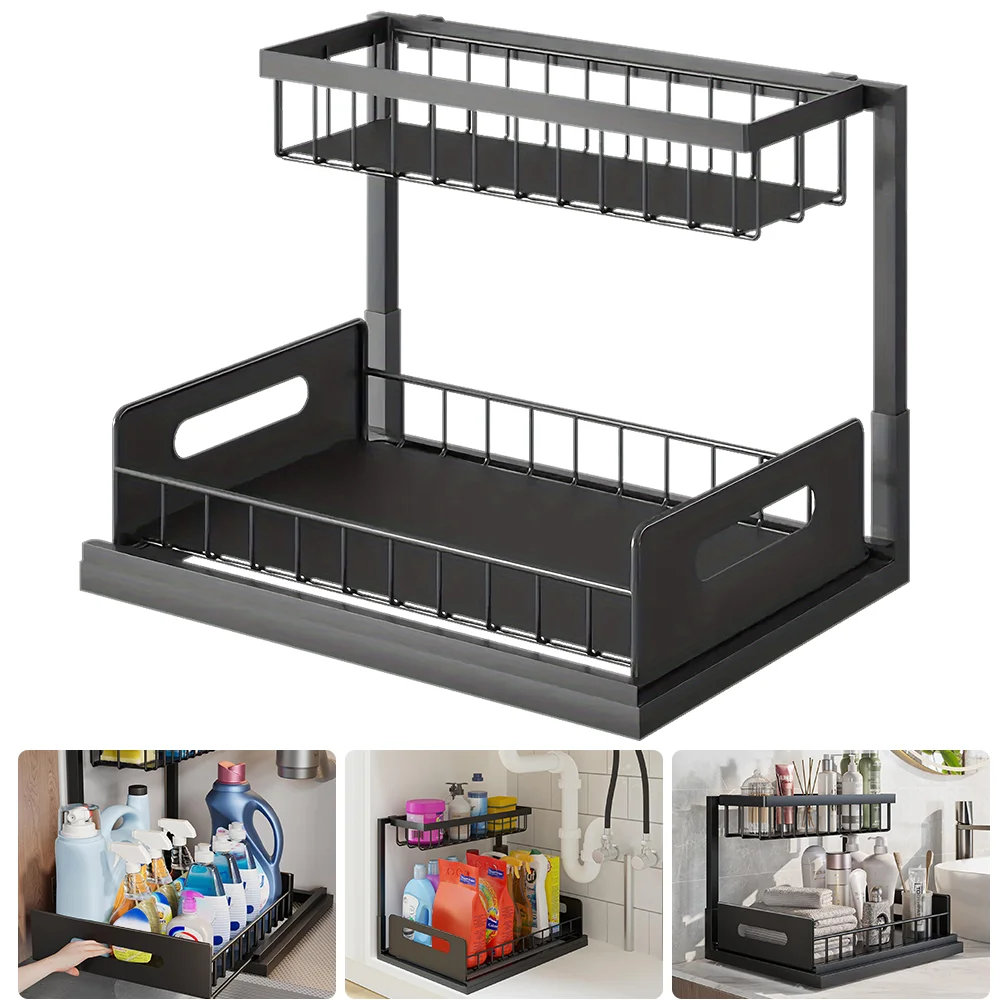 2-stöckiger Unterschrank-Organizer, Ausziehbarer Schrankkorb-Organizer, Aufbewahrungsregal mit Haken, Hängender Becherhalter, Badezimmer- und Küchenorganizer