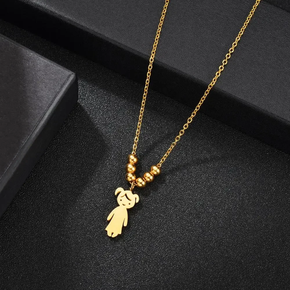 Stainless Steel Boy Girl Kids Baby Pendant Necklace for Women Children Beaded Chain Necklace DIY Family Birthday Jewelry Gifts