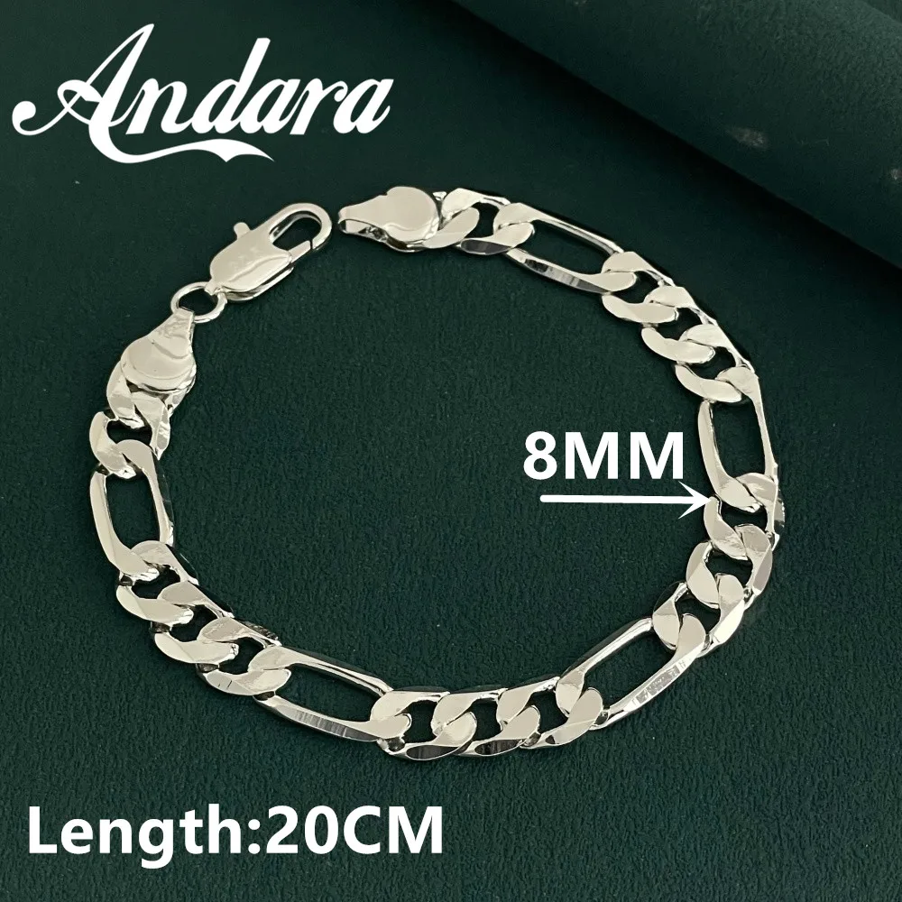 Andara 925 Sterling Silver 8MM Gold/Silver Full Side Figaro Chain Bracelet For Woman Man Fashion Wedding Jewelry Gift