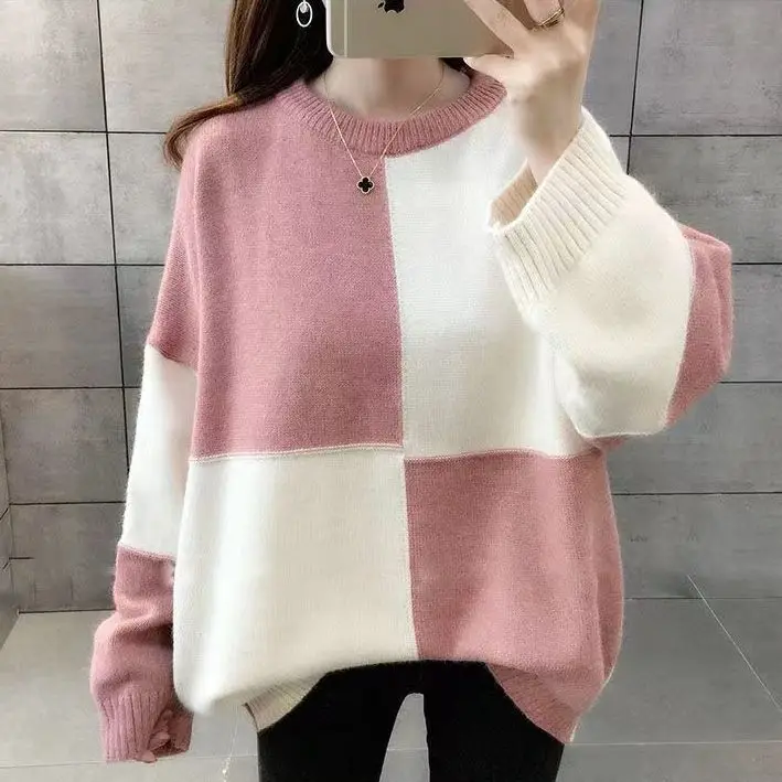 

Autumn and Winter New Oversize Women's Knitted Hoodie Splicing Color Contrasting Loose Sweater