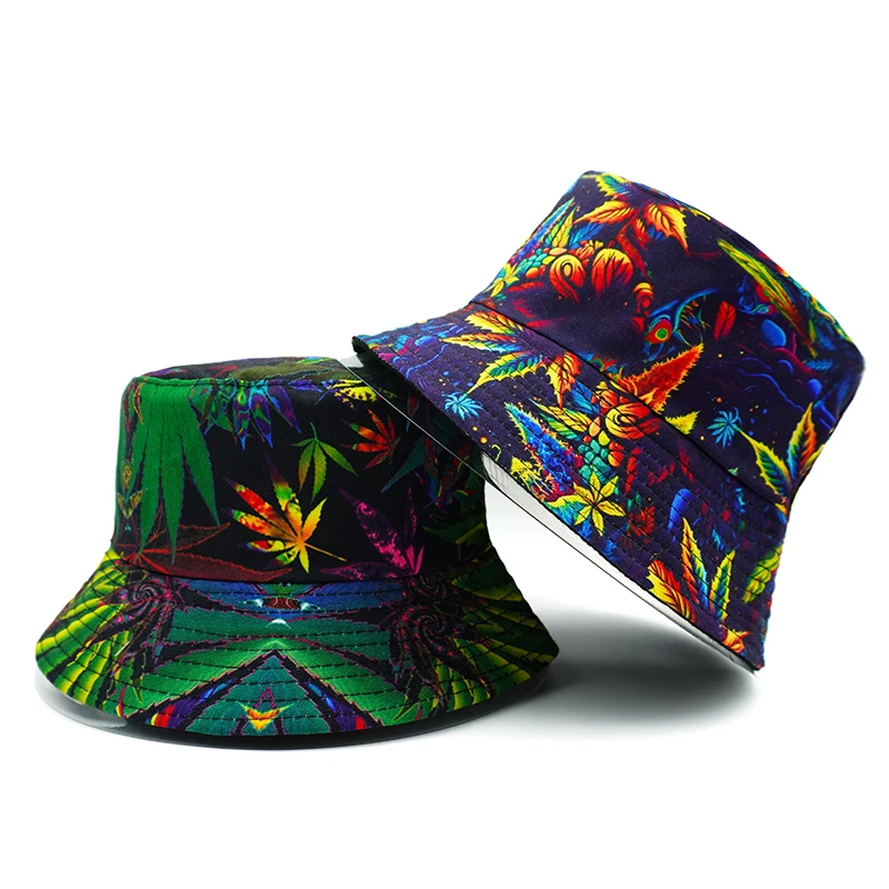 Bocca Leaf Printing Bucket Hat Colorful Pattern Fisherman Hats Double Sides Panama Cap For Men Women Outdoor Sun High Quality