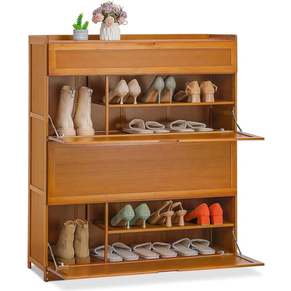 Bamboo 7-layer shoe storage cabinet with high heels, sliding door, sports shoe rack organizer, can accommodate 36-40 pairs,brown