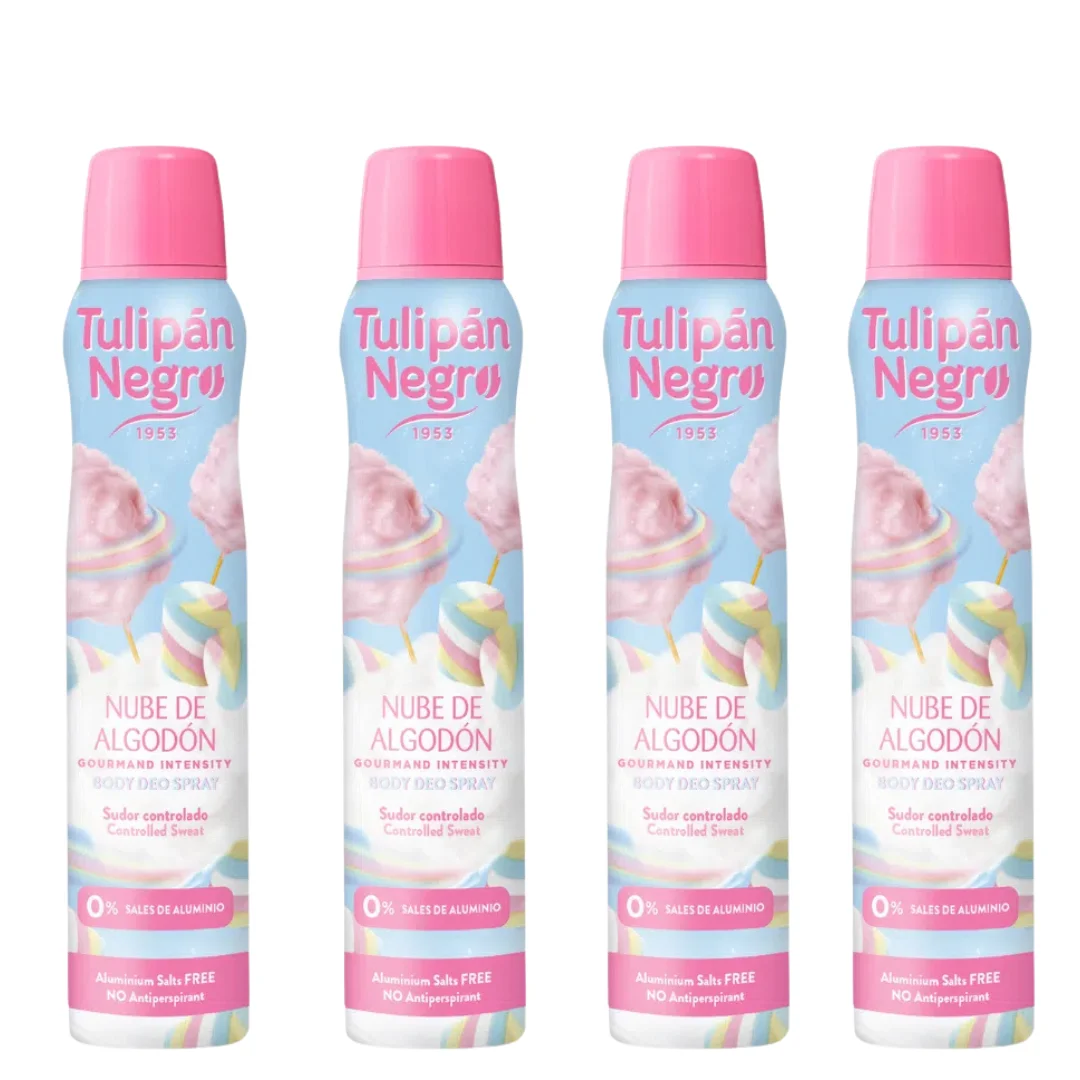 Paquete de 4 desodorante en spray con aroma a nube de algodón, 200 ml, protección contra el sudor durante 48 h, fragancia dulce y fresca, seguro para la piel, uso diario, fórmula eficaz y suave tulipa