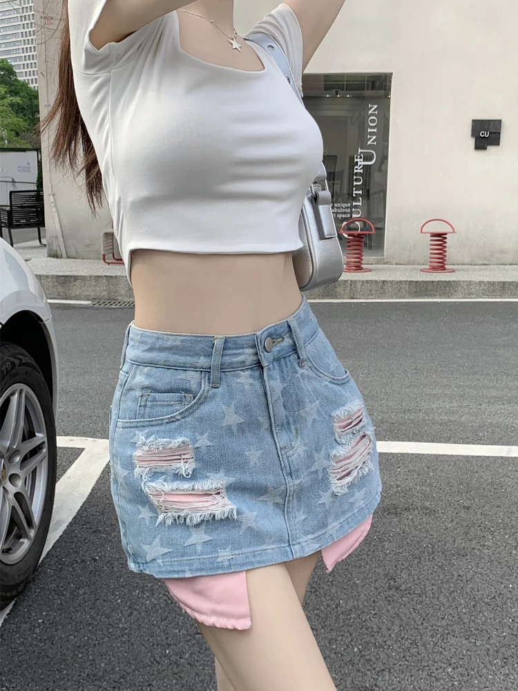 Spliced Shorts Women Asymmetrical Bow Geometric Pattern Frayed Vintage High Waist Slim Hotsweet Denim Trendy Leisure All-match