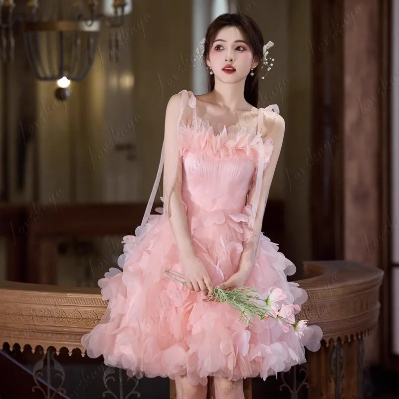 Women's Pink Spaghetti Strap Princess Short Evening Gown for Sweet 16 Engagement Graduation Homecoming Daily Wear