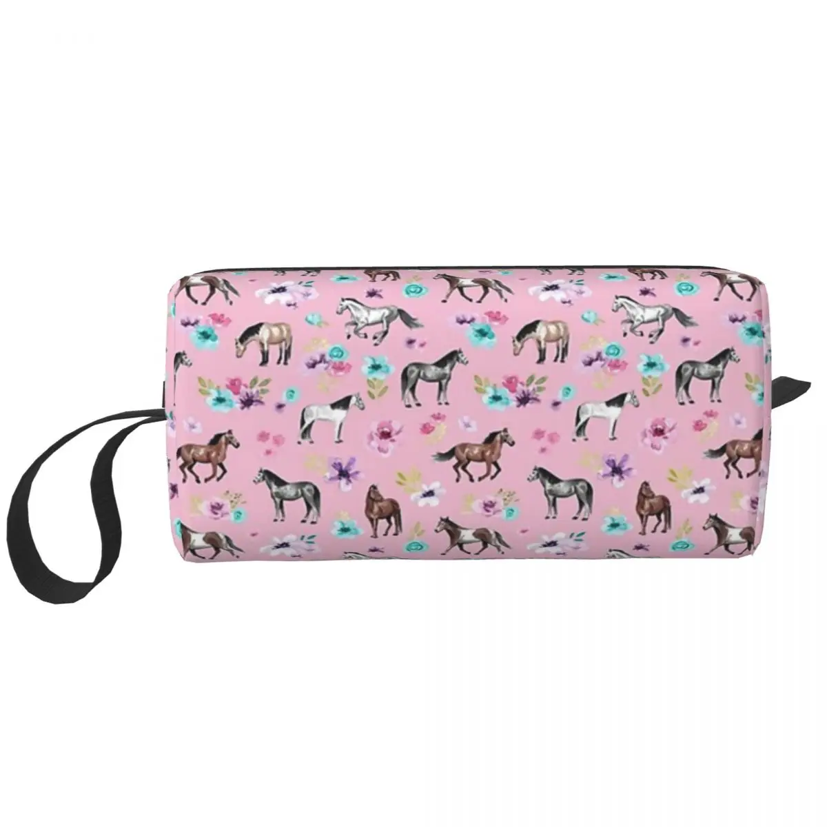 Horses And Flowers On Pink Makeup Bag Cosmetic Organizer Storage Dopp Kit Toiletry Cosmetic Bag for Women Beauty Pencil Case