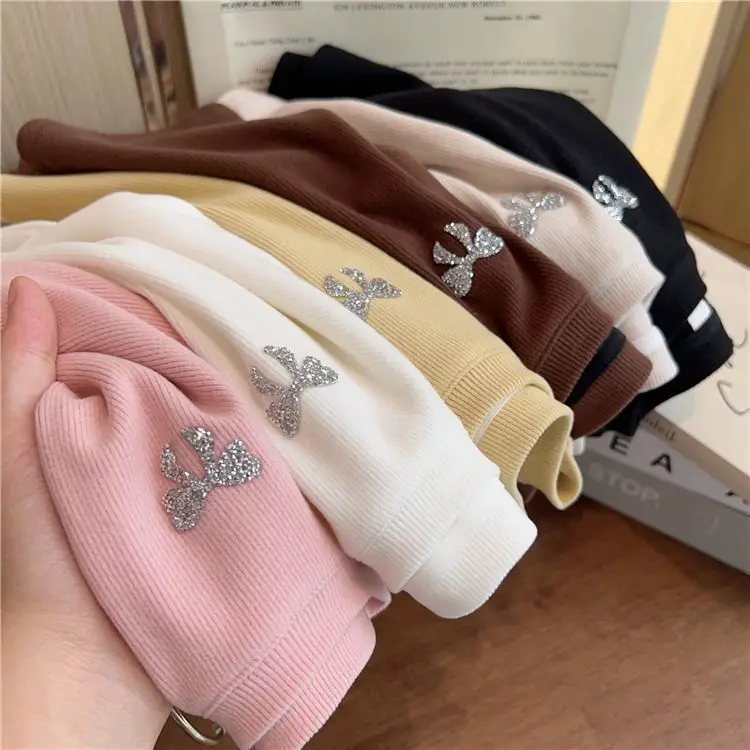 2-8Y 2026 Autumn Bow T-shirt Embroidered Girls Base Layer Fashionable Long Sleeved Simple Sweet and Cute Knitted Top for Girls