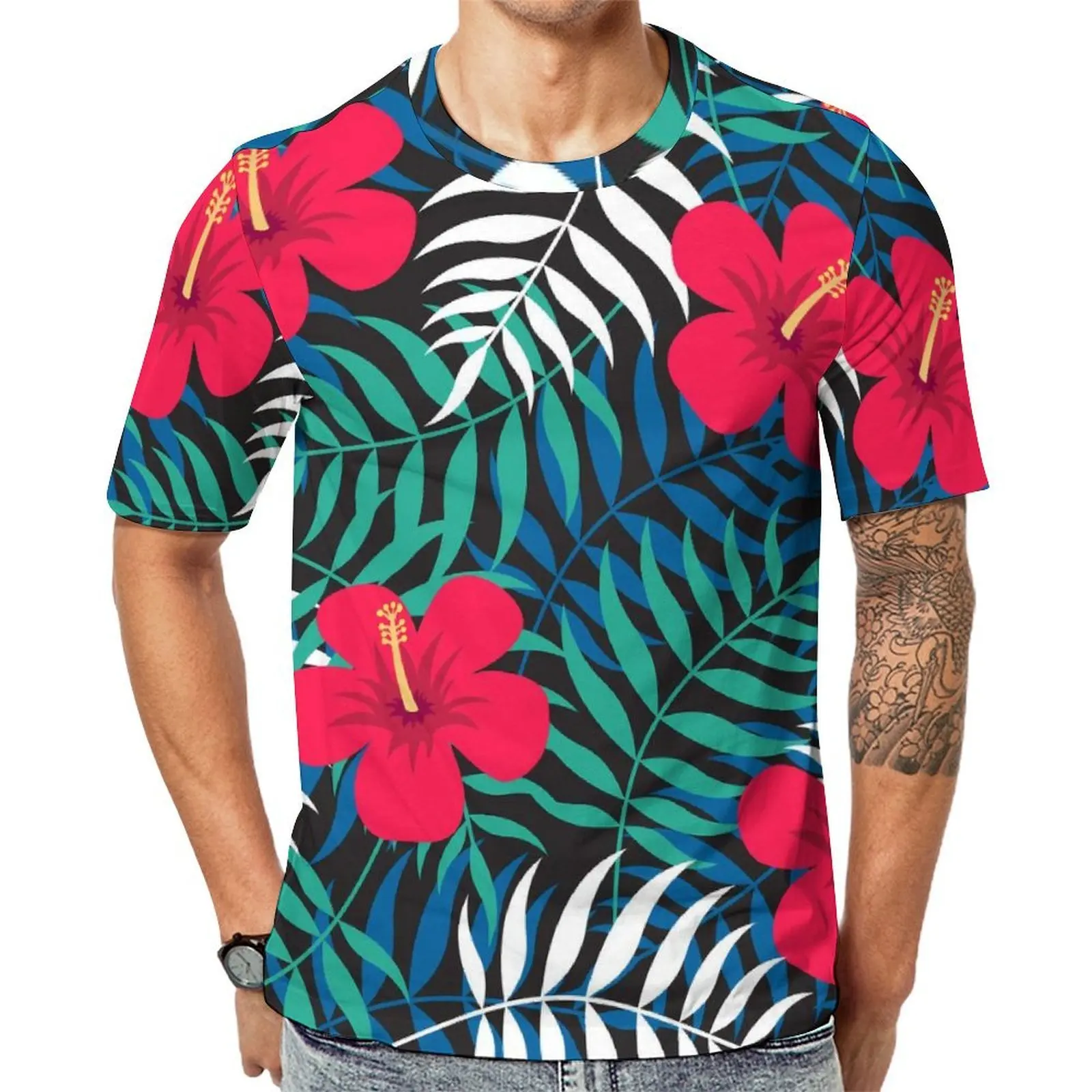Tropical Flower T Shirt Leaves And Red Floral Novelty T-Shirts Men Kawaii Tee Shirt Summer Short-Sleeve Pattern Tees 4XL 5XL 6XL