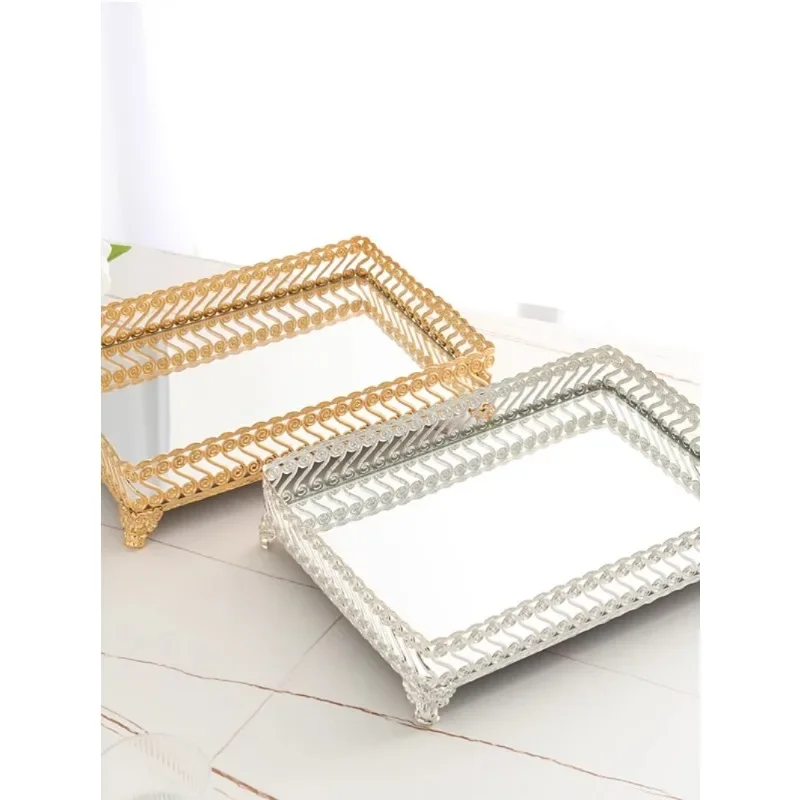 European mirror tray wine glass coffee table romantic ornament rectangular, pastry plate wedding dessert table gold-plated silve