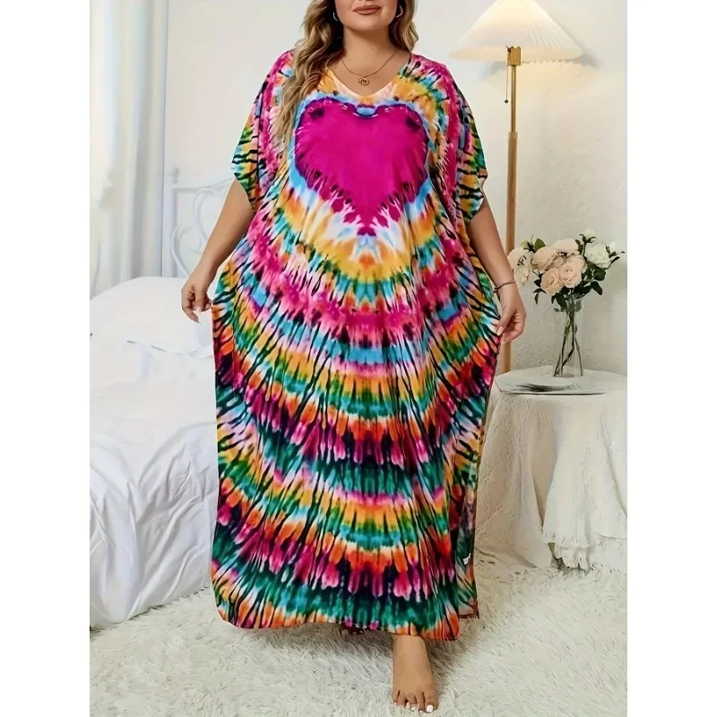

Plus Size 1XL-5XL New Women's Boho Elegant Dress Tie Dye Print Batwing Sleeves Split Maxi Beach Cover Up Dress