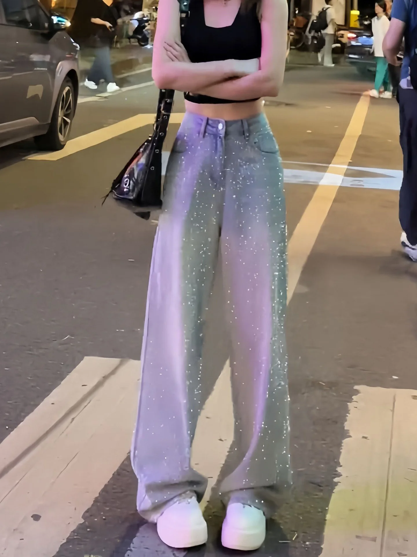 Shiny Star Rhinestone Straight Leg Jeans Women's Design Sensation High Waist Slimming Loose Wide Leg Floor-Length Pants