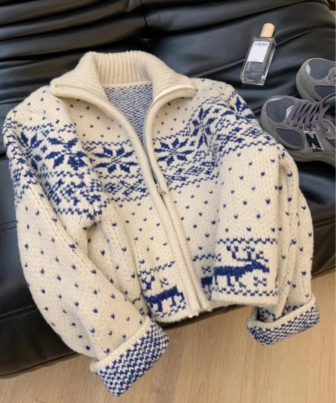 2024 Spring and Autumn New Collection Pure Color Snowflake Sweet Versatile Loose Zipper Sweater Cardigan Women's College Style