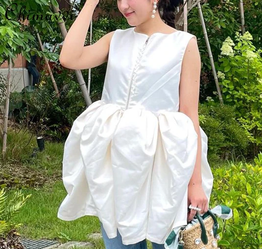 

Japanese Style Front Zipper Sleeveless Bud Dress 2024 Summer New Sweet Cute Solid Color Women's High Waist Above Knee Dresses