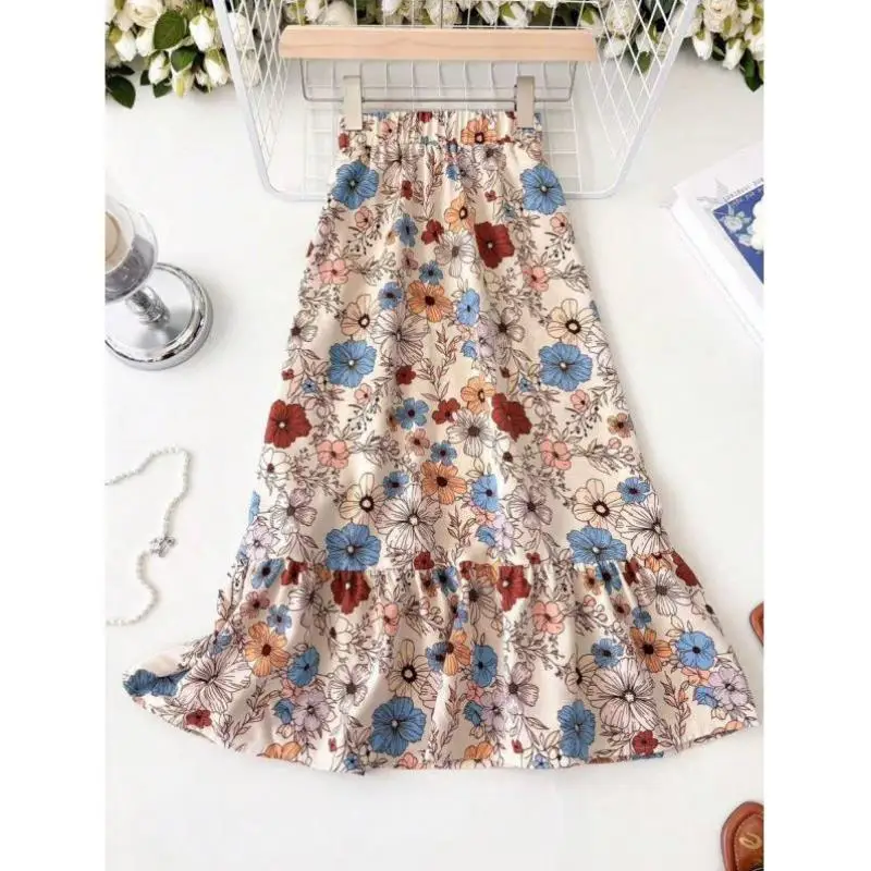 

Повседневная рабочая юбка с цветочным принтом D 83482, женские свободные брюки Frou Frou Hemline Ci Walk, винтажные брюки из полиэстера