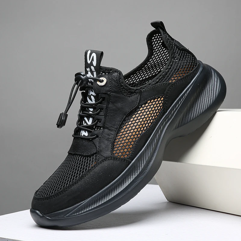 

Summer Men's Mesh Casual Shoes Breathable Leather Splice Sports Shoes Shock-Absorbing Thick Soles Elastic Lace Walking Shoes