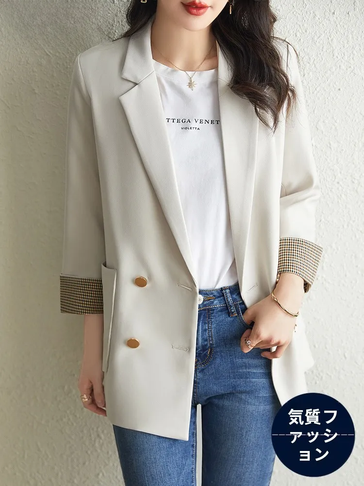 Fashionable Thin Seven-Quarter Sleeve Suit Jacket for Women Casual Commute Style Polyester Fabric Double-Button Closure