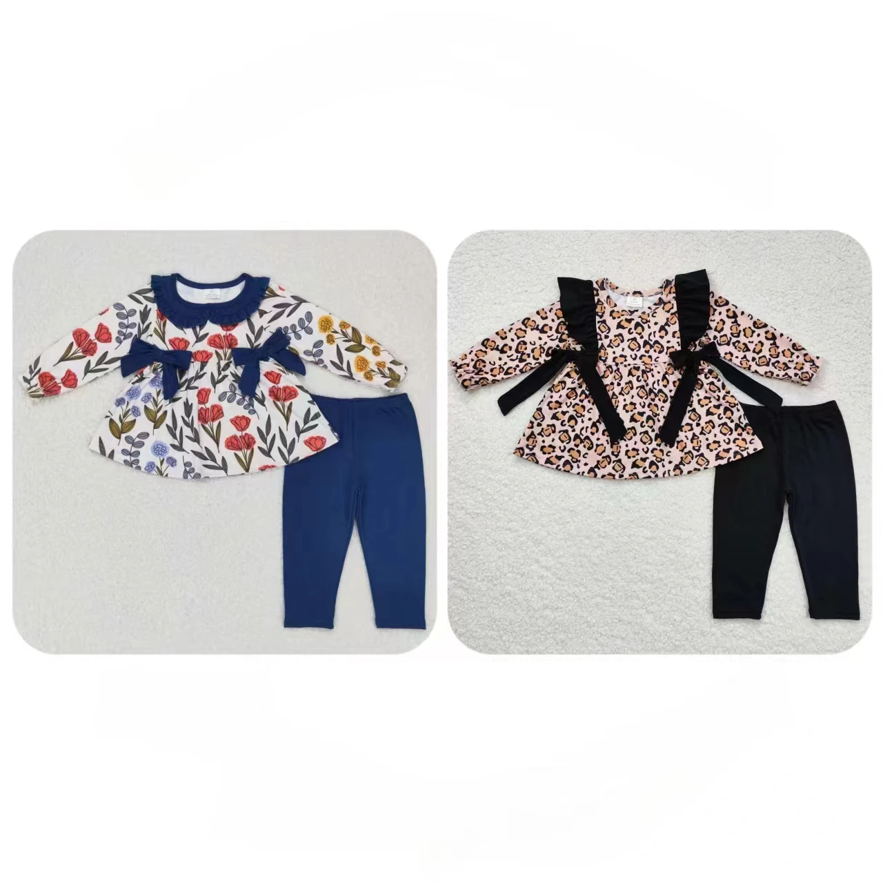 

Wholesale Baby Girl Set Long Sleeves Leopard Floral Bows Tunic Cotton Leggings Pants Children Kids Two Pieces Toddler Outfit