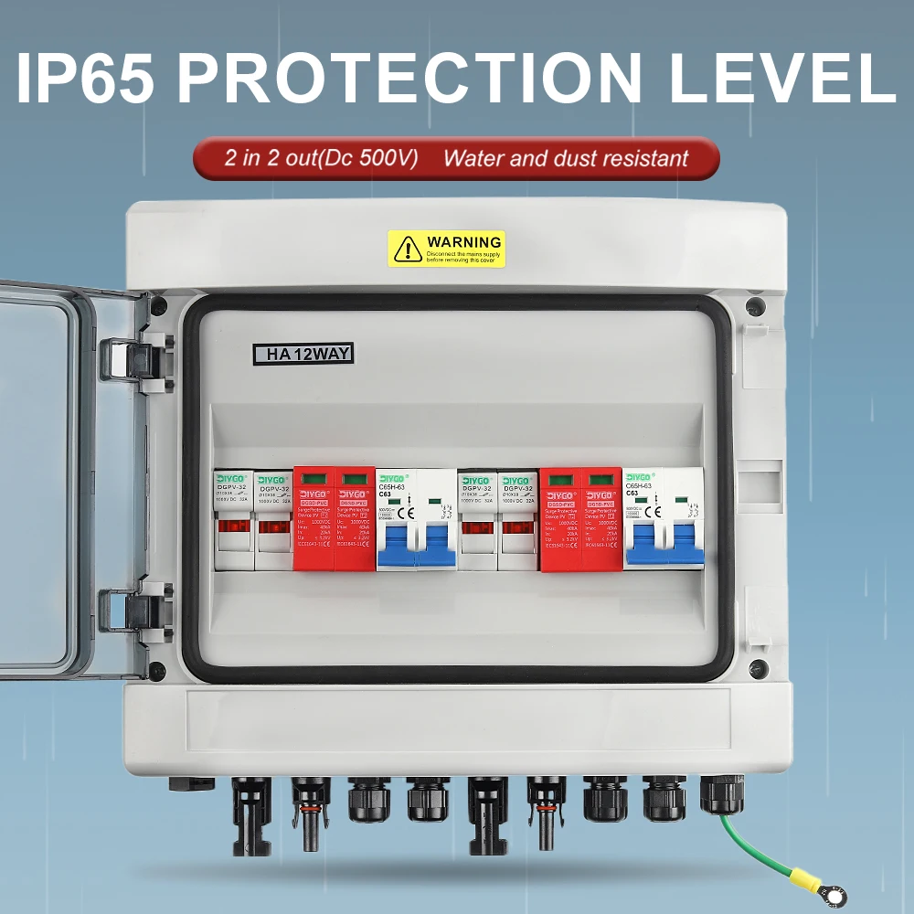 

500V 2 In 2 Out Solar Photovoltaic PV Combiner Box IP65 Waterproof Box Lightning Protect DC Fuse MCB SPD 16/20/25/32/40/50/63A